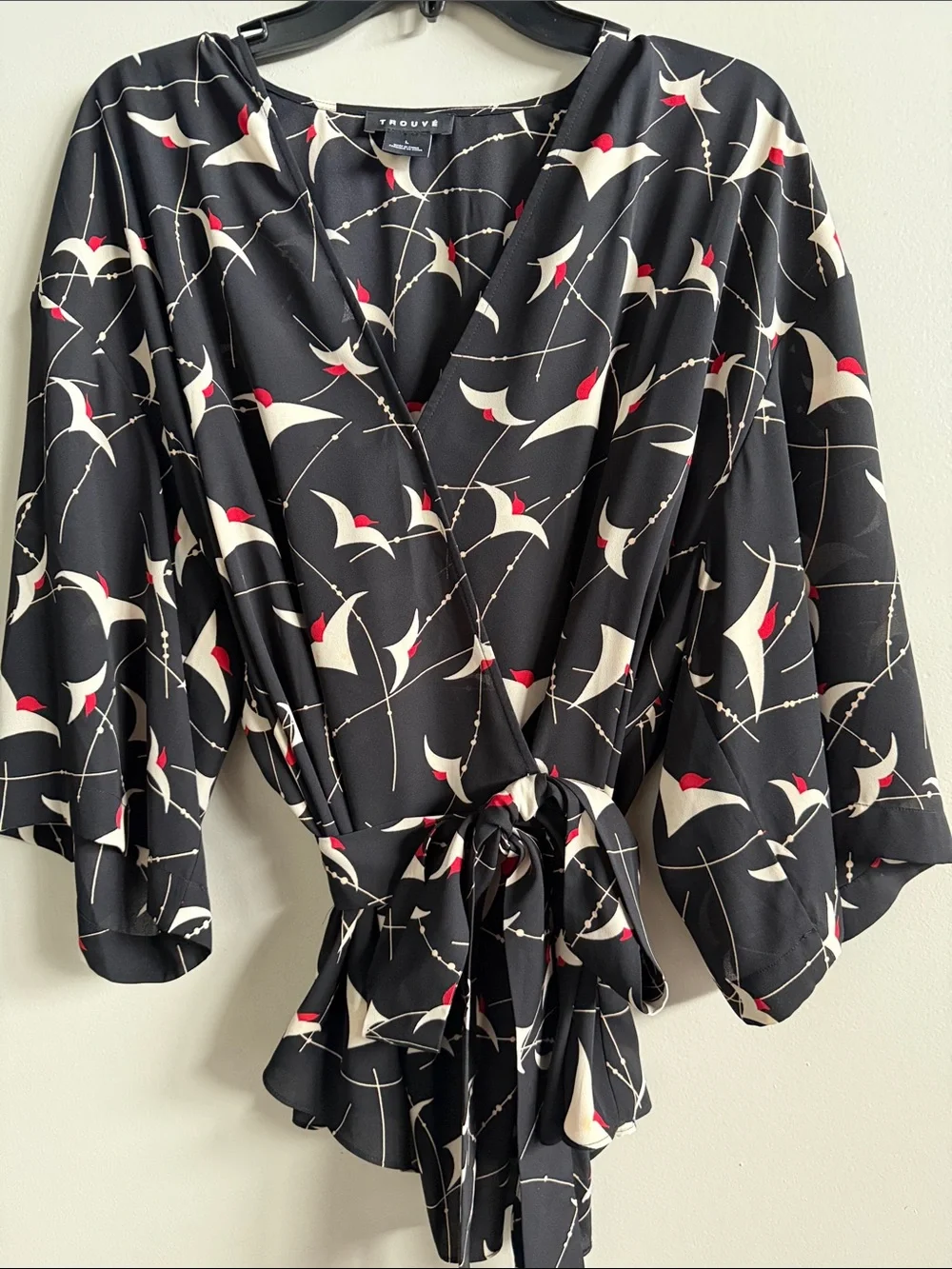 Trouvé Black Wrap Kimono Top with Cream and Red Print